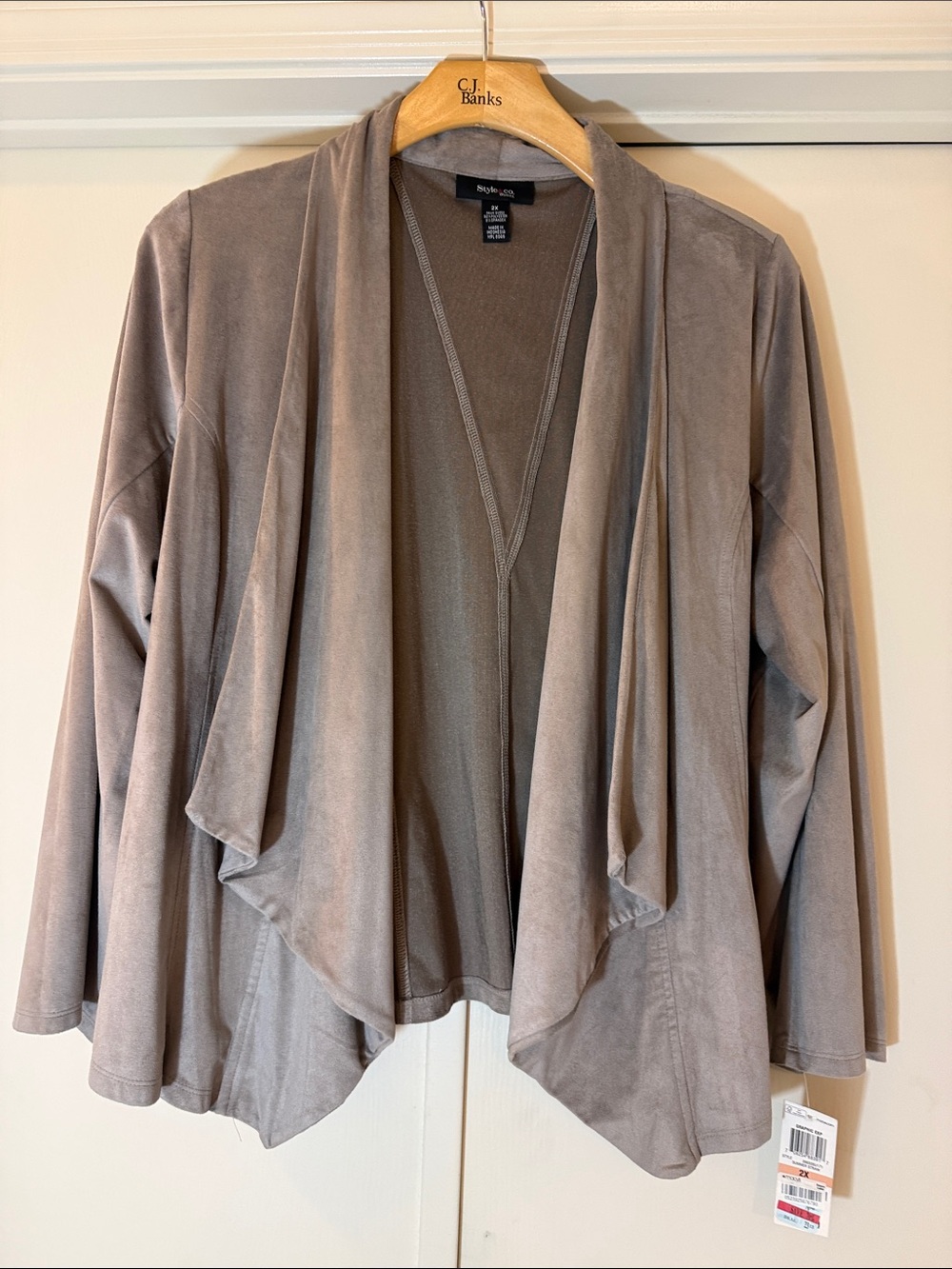 Style & Co. Taupe Open-Front Draped Cardigan faux suede